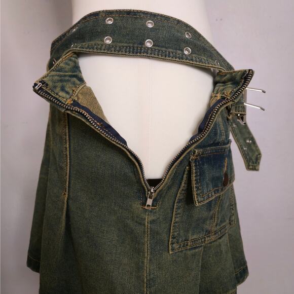 Pleated Denim Micro Mini Cargo Skirt With Grommet Belt Size M Heavyweight Flirty - Picture 4 of 9